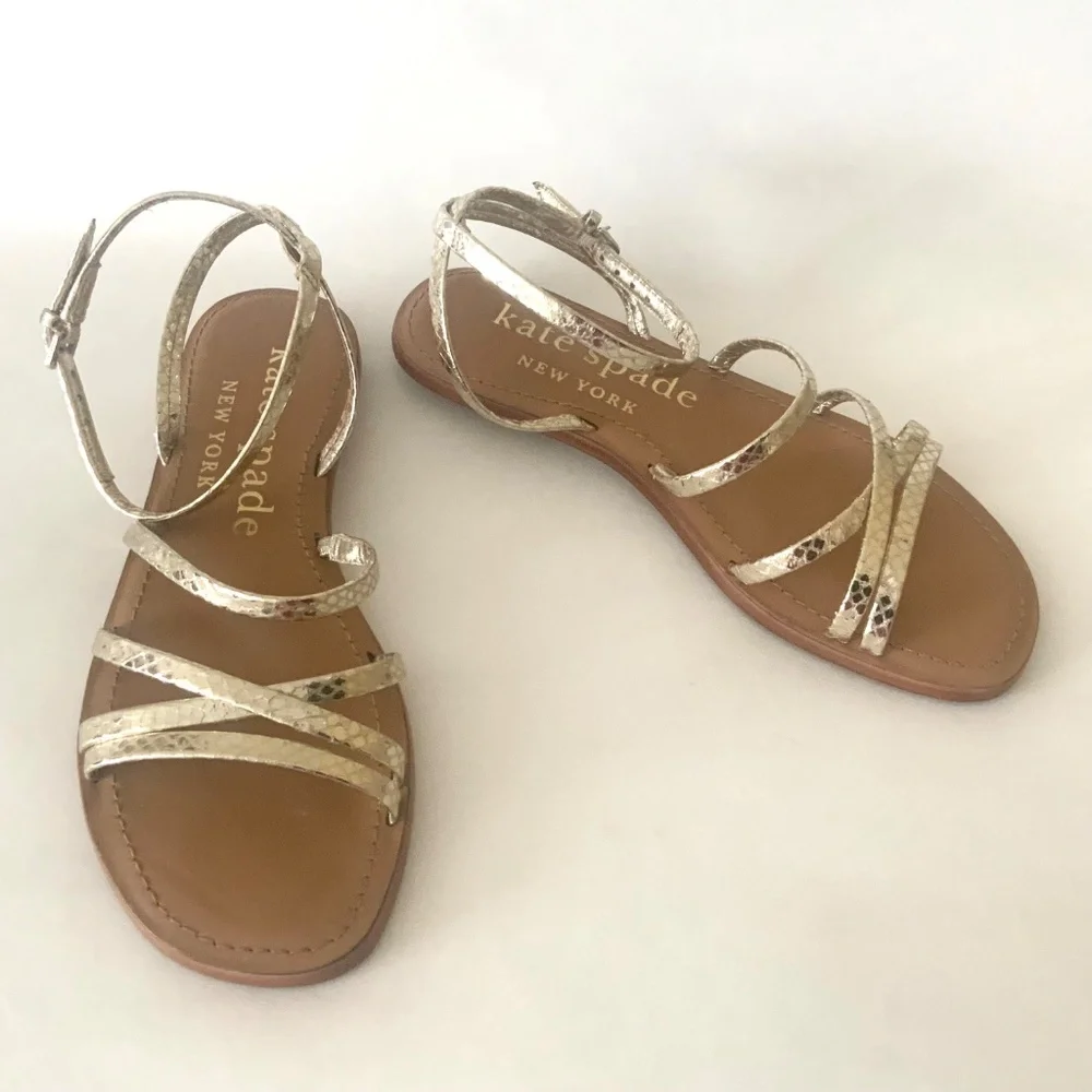 Kate Spade Womens Cove Metallic Gold Snake Leather Flat Ankle strap Sandals 6.5 - Picture 12 of 14